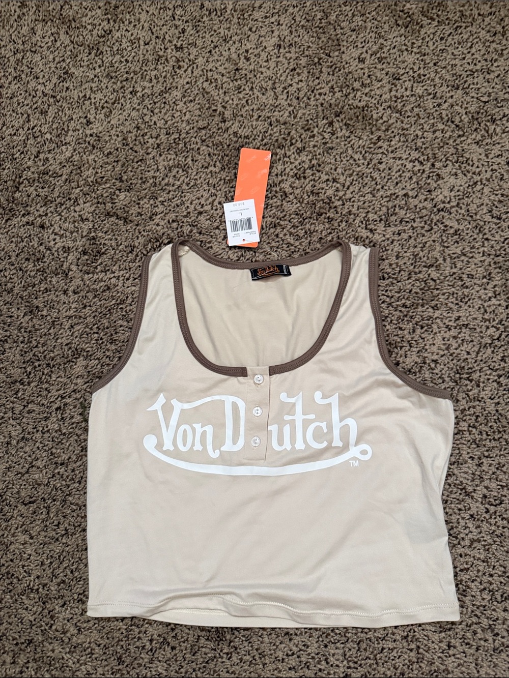 Von Dutch Beige Tank Top with Brown Trim and White Logo